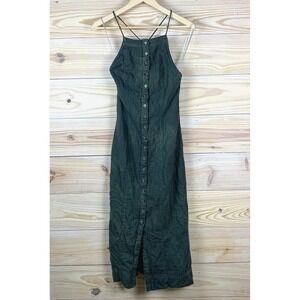 Free People Dress XS Emma Linen Cotton Button Open Back Midi‎ Green Mineral Dyed